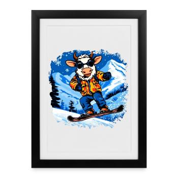 Vaches Snowboard / Vache Snowboardeuse - Affiche encadrée (27 × 37 cm) - noir - Devant