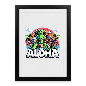 Aloha tortue Hawaï hibiscus palmiers cadeau - Affiche encadrée (27 × 37 cm) - noir - Devant