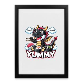 Dragon Maki Sushi Yummy Kawaii Cadeau - Affiche encadrée (27 × 37 cm) - noir - Devant