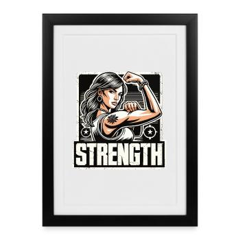 Force femme forte étire le bras vers le cadeau de succès - Affiche encadrée (27 × 37 cm) - noir - Devant