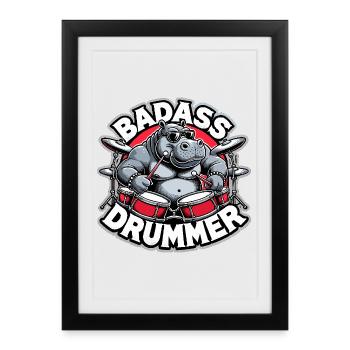 Badass Drummer Hippo Cool Gift - Affiche encadrée (27 × 37 cm) - noir - Devant