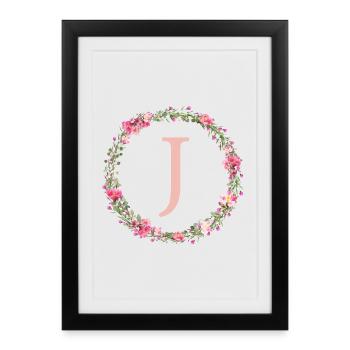 J Monogram, Couronne de fleurs, Personnalisable - Affiche encadrée (27 × 37 cm) - noir - Devant