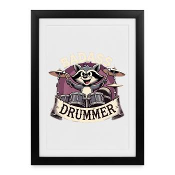 Badass Drummer Raton laveur Cadeau cool - Affiche encadrée (27 × 37 cm) - noir - Devant