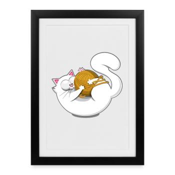 Chat mignon humour cartoon comique pelote de laine - Affiche encadrée (27 × 37 cm) - noir - Devant