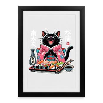Sushi Cat Kimono Maki Nigiri Cadeau - Affiche encadrée (27 × 37 cm) - noir - Devant