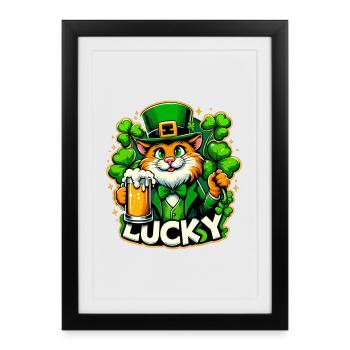 Saint-Patrick Leprechaun Cat Happy - Affiche encadrée (27 × 37 cm) - noir - Devant