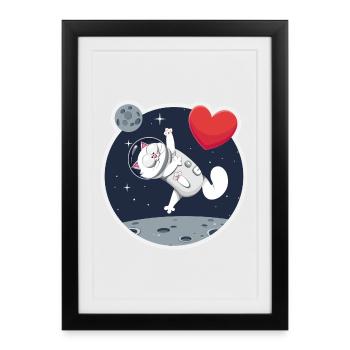 Lone Astronaut Cat Catching Heart - Framed poster (27 × 37 cm) - black - Front