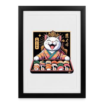 Sushi Chat Blanc Kimono Maki Nigiri Cadeau - Affiche encadrée (27 × 37 cm) - noir - Devant