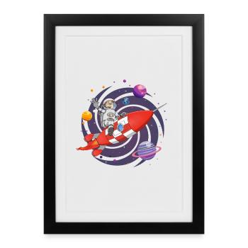 L’astronaute et la fusée rouge dans l’espace. - Affiche encadrée (27 × 37 cm) - noir - Devant