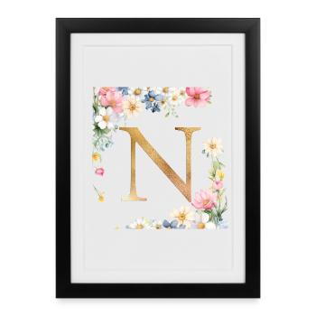 N Monogramme, Floral, Personnalisable - Affiche encadrée (27 × 37 cm) - noir - Devant