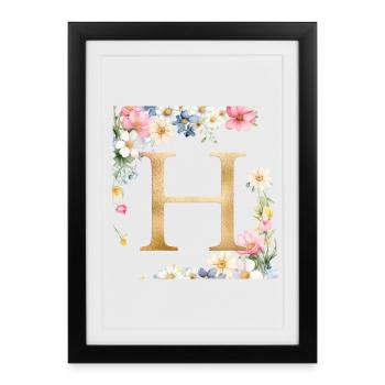 H Monogramme, Floral, Personnalisable - Affiche encadrée (27 × 37 cm) - noir - Devant