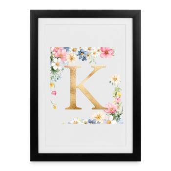 K Monogram, Floral, Personnalisable - Affiche encadrée (27 × 37 cm) - noir - Devant