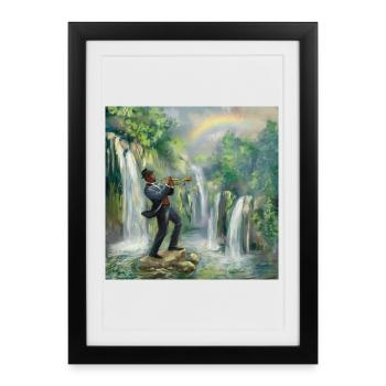Trompettiste de jazz devant les cascades dans la jungle - Affiche encadrée (27 × 37 cm) - noir - Devant