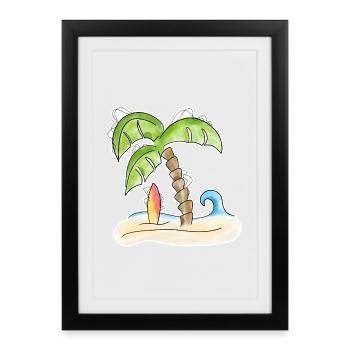 Surfbrett unter Palme - Gerahmtes Poster (27 × 37 cm) - Schwarz - Vorne