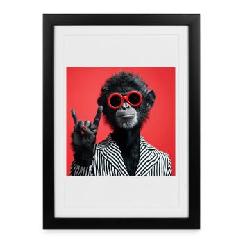 Monkey in red sunglasses making rock gesture - Framed poster (27 × 37 cm) - black - Front