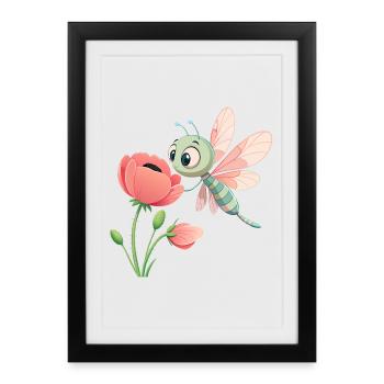 Baby Colorful Dragonfly Near a Flower (v03) - Framed poster (27 × 37 cm) - black - Front