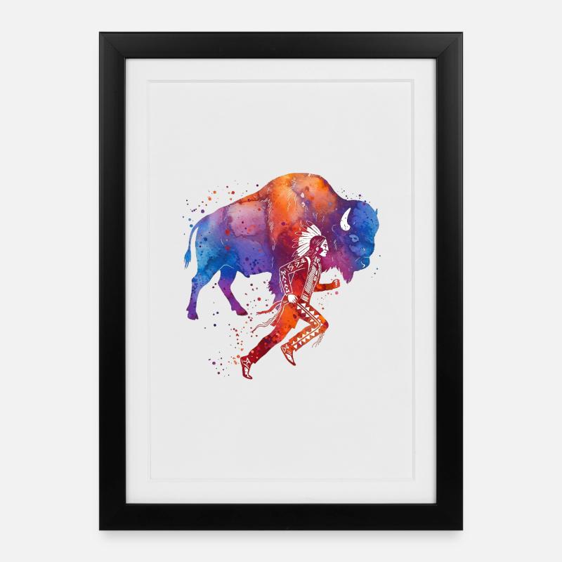 Aura d’aquarelle de buffle de coureur amérindien - Affiche encadrée (27 × 37 cm) - noir