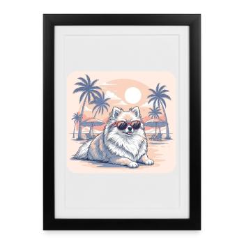 Pomeranian Dog with Glasses on Beach - Framed poster (27 × 37 cm) - black - Front