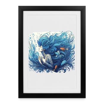 Sirène Sirène Cheveux Bleus Art Nouveau Cadeau - Affiche encadrée (27 × 37 cm) - noir - Devant