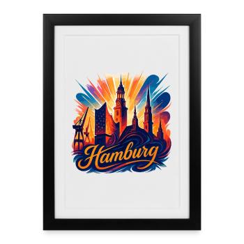 Hamburg Stadt Silhouette Perle am Wasser Geschenk - Gerahmtes Poster (27 × 37 cm) - Schwarz - Vorne