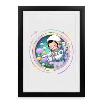 Fille astronaute avec des champignons - Conception spatiale mignonne - Affiche encadrée (27 × 37 cm) - noir - Devant