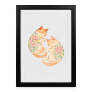 Twin Inked Cats – Sérénité flottante - Affiche encadrée (27 × 37 cm) - noir - Devant