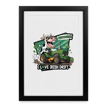 Vache irlandaise avec tracteur vert - Affiche encadrée (27 × 37 cm) - noir - Devant