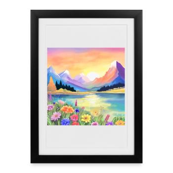 Coucher de soleil sur les montagnes, lac et fleurs - Affiche encadrée (27 × 37 cm) - noir - Devant