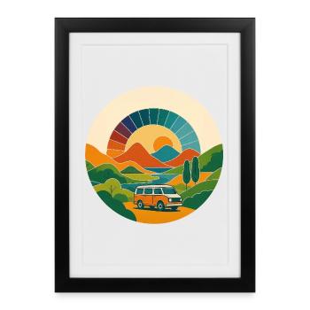 Retro Landscape with Van – Journey in the Sun Arc - Framed poster (27 × 37 cm) - black - Front