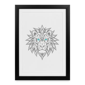Lion Tribal Yeux Bleus - Affiche encadrée (27 × 37 cm) - noir - Devant