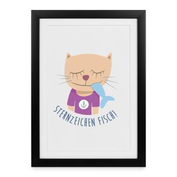 Cat Harbor Maritime Anchor Fish Comic Zodiac - Framed poster (27 × 37 cm) - black - Front