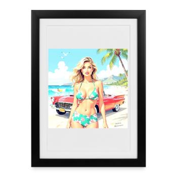 Woman on the beach with classic car - Framed poster (27 × 37 cm) - black - Front