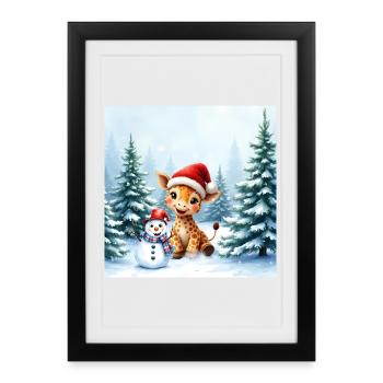 Christmas Giraffe in Winter Landscape - Framed poster (27 × 37 cm) - black - Front