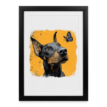 Funny Doberman and Butterfly on Orange - Framed poster (27 × 37 cm) - black - Front