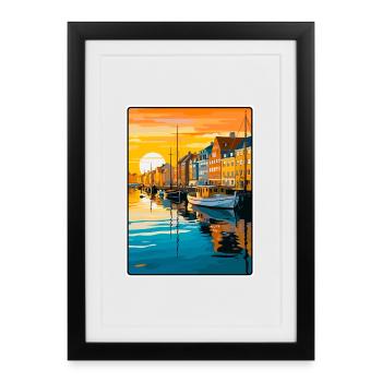 Copenhagen Denmark Sunset Harbour Illustration - Framed poster (27 × 37 cm) - black - Front