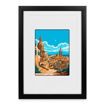 Affiche de voyage vintage à La Valette Malte Cityscape WPA - Affiche encadrée (27 × 37 cm) - noir - Devant