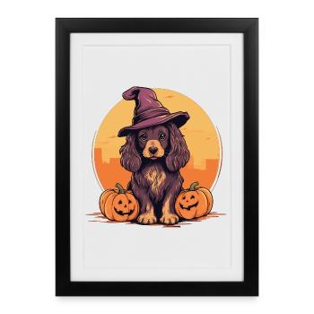 Halloween Chapeau de sorcière Citrouille Chien Cocker Épagneul - Affiche encadrée (27 × 37 cm) - noir - Devant