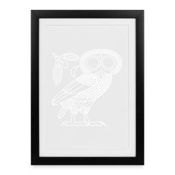 Hibou d’Athéna [Contour blanc + Couronne et croissant] - Affiche encadrée (27 × 37 cm) - noir - Devant