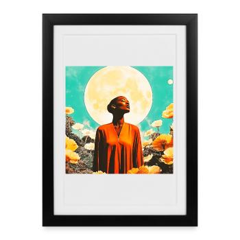 Portrait de Lune, femme et Fleurs Enchantées - Affiche encadrée (27 × 37 cm) - noir - Devant