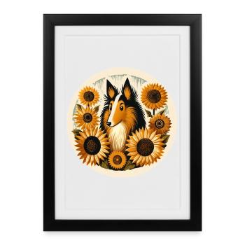 Collie fantaisiste avec cadre de tournesol - Affiche encadrée (27 × 37 cm) - noir - Devant
