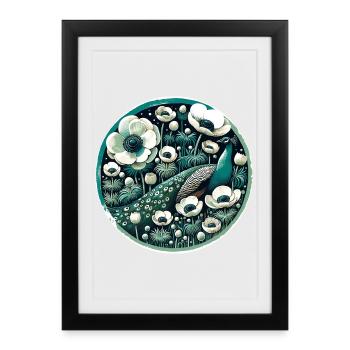 Mystical Peacock in Floral Dreamscape - Framed poster (27 × 37 cm) - black - Front