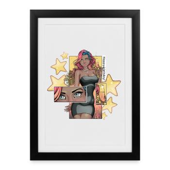 Fille d’anniversaire vibrante avec des étoiles scintillantes - Affiche encadrée (27 × 37 cm) - noir - Devant
