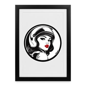 Femme de course rétro chic avec casque - Affiche encadrée (27 × 37 cm) - noir - Devant