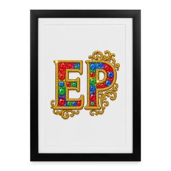 Glittering letter E with gold frame - Framed poster (27 × 37 cm) - black - Front