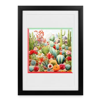Collection de cactus brodés, paysage de jardin - Affiche encadrée (27 × 37 cm) - noir - Devant