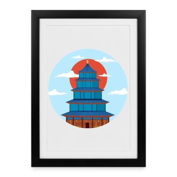 Pagode Traditionnel Bleu et Orange - Affiche encadrée (27 × 37 cm) - noir - Devant