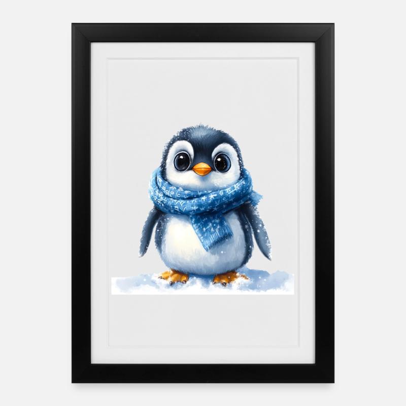 Pingouin mignon avec accessoire d’hiver - Affiche encadrée (27 × 37 cm) - noir