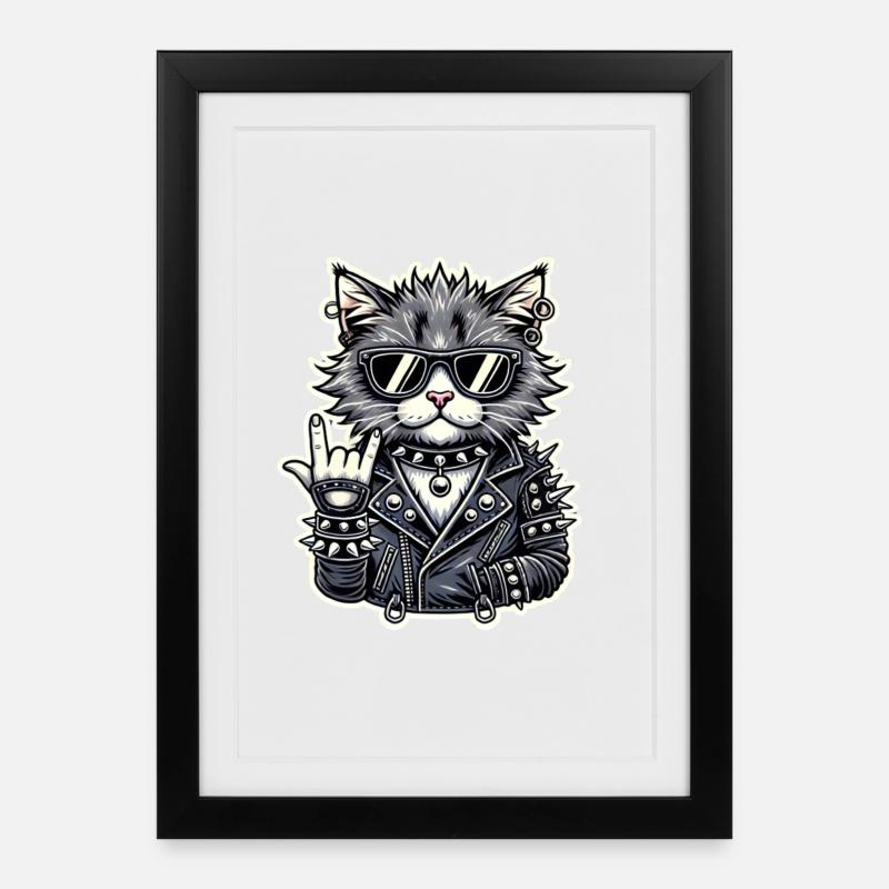 Style chat de roche avec veste en cuir - Affiche encadrée (27 × 37 cm) - noir