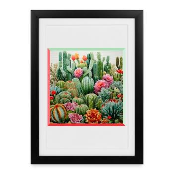 Paysage désertique avec broderie de cactus colorés - Affiche encadrée (27 × 37 cm) - noir - Devant
