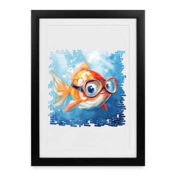 Poisson rouge avec lunettes de plongée - Affiche encadrée (27 × 37 cm) - noir - Devant
